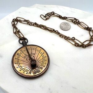 New Antique Bronze Sundial Necklace 30”  Vintage Style Jewelry - Roost Closeout